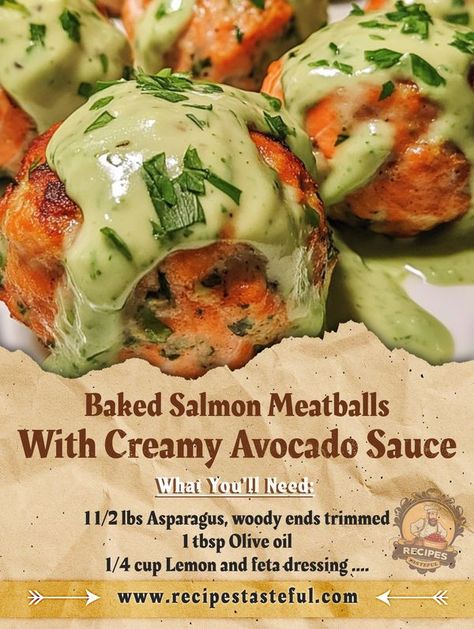 FAMILY RECIPES COMMUNITY | Baked Salmon Meatballs with Creamy Avocado Sauce 🐟🍽️🥑 | Facebook Salmon Meatballs With Avocado Crema, Baked Salmon Meatballs With Creamy Avocado Sauce, Baked Salmon Meatballs, Salmon Meatballs, Seafood Bake, Creamy Avocado Sauce, Avocado Sauce, Seafood Appetizers, Pescatarian Recipes