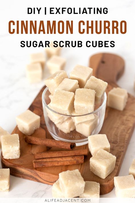 DIY Sugar Scrub Cubes. Learn to make fall-inspired homemade sugar scrub cubes that smell good enough to eat! These cinnamon churro sugar scrub cubes are made with cinnamon and vanilla essential oils for a delicious aroma. Natural ingredients like sugar and coconut oil exfoliate and nourish your skin. Bring a few cubes into the shower or bath for soft, moisturized skin all autumn long. #alifeadjacent Diy Sugar Scrub Cubes, Homemade Sugar Scrub, Diy Sugar Scrub, Diy Sugar Scrub Recipe, Sugar Scrub Cubes, Cinnamon Bark Essential Oil, Recipes For Fall, Sugar Scrub Homemade, Homemade Scrub