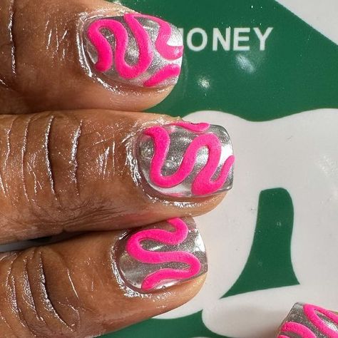 Short Artsy Nails, Maximalist Short Nails, Short Graffiti Nails, Junky Charm Nails Short, Backwoods Nails, Short Nail Designs Maximalist, Dc Nails, Braider Nails, Poly Nails