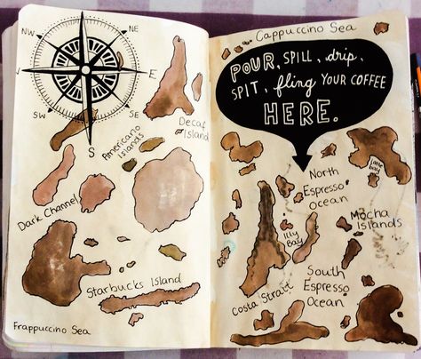 I don't even like coffee... When I was spitting it out, the wind blew the page over and now I have coffee stains on the wrong page.... Oops #wreckthisjournal #wreck #this #journal #ideas Wreck It Journal Ideas, Wreck This Journal Ideas Pages, Wreck This Journal Ideas, Wreck It Journal, Wreak This Journal Pages, Wreck Journal, Keri Smith, Library Crafts, Book Reading Journal