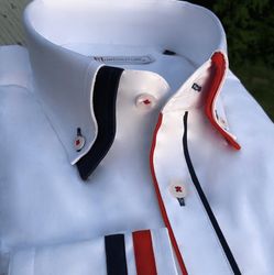 MorCouture White Red Black Trim Double Collar Shirt Double Collar Shirt, High Collar Shirts, Stylish Shirts Men, Polo Shirt Outfits, Designer Jackets For Men, Slim Fit Mens Shirts, Shirt Collar Styles, Mens Kurta Designs, Gents Fashion