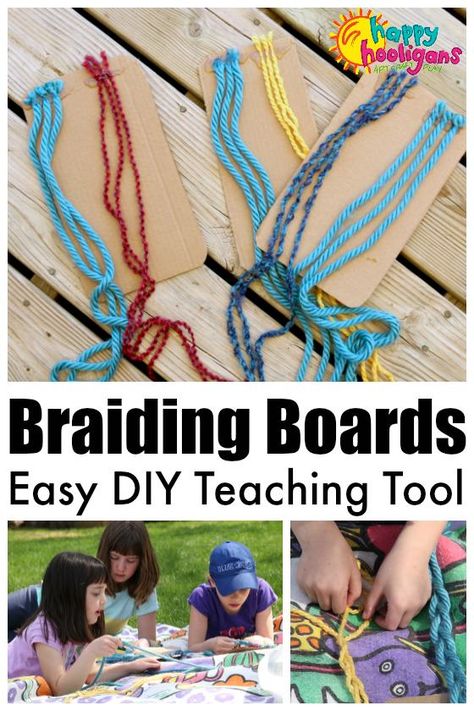 DIY Braiding Boards - Great homemade learning toy to teach kids how to braid. Helps strengthen fine motor skills and co-ordination. via @https://www.pinterest.com/happyhooligans/ Learning Invitations, Family Daycare, Montessori Kindergarten, Happy Hooligans, How To Braid, Fine Motor Skills Activities, Motor Skills Activities, Board For Kids, Braids For Kids