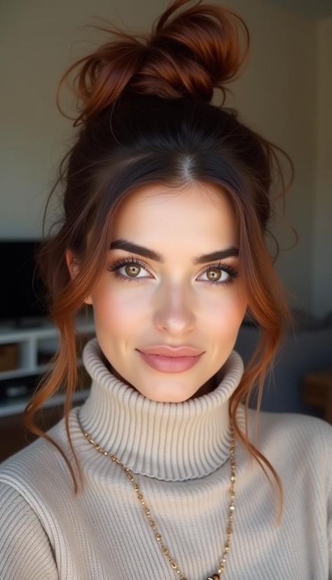 Hairstyles For A Turtleneck, Turtle Neck Hairstyles, Cute Holiday Hairstyles, Easy High Bun, High Bun Hairstyle, Christmas Hair Ideas, Easy Winter Hairstyles, Egyptian Hairstyles, Winter Hairstyle