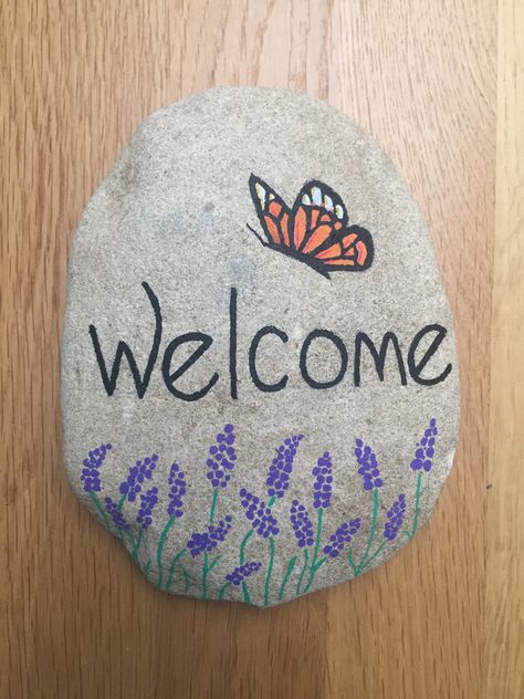 Rock Painting Ideas Welcome, Painted Rock Welcome Sign, Welcome Stones Painted, Welcome Rocks Painted, Welcome Rock Painting Ideas, Painted Rock Butterfly, Butterfly Rock Painting Easy, Rock Painting Ideas Butterfly, Welcome Rock Painting