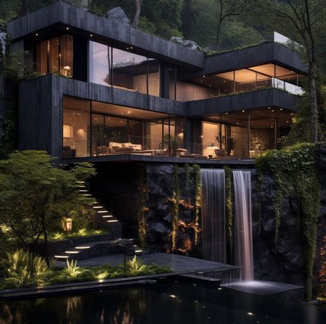 modern dream home jungle retreat Concrete Home Design, Dark Modern House, Floor Plan Rendering, Rendering Interior Design, Plan Rendering, Home Retreat, Jungle Home, Mansion Living, Rendering Interior