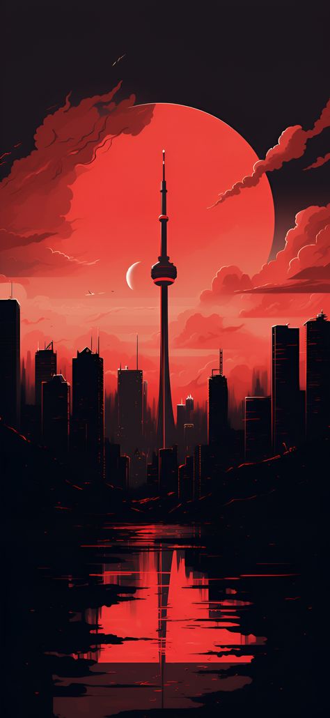 Rich red aesthetic view of the Toronto skyline including the CN Tower. Lock Screen Wallpaper Red Aesthetic, Red City Wallpaper, Rich Red Aesthetic, Red Anime Aesthetic Wallpaper, Red Anime Wallpaper, Red Aesthetic Wallpaper Iphone, Toronto Wallpaper, Deep Red Wallpaper, 4k Aesthetic Wallpaper