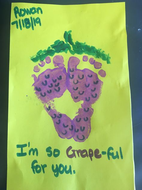 Fruit And Veggies Crafts For Preschool, Grape Handprint Craft, Grape Footprint Art, Fruit Art For Infants, Fruit And Veggie Art For Toddlers, Summer Craft Infants, Infant Food Crafts, Craft For Infants Daycare, Fruit Crafts For Infants