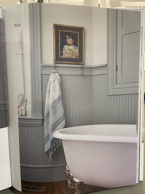 Clawfoot Tub Bathroom Vintage Farmhouse, 1920s Farmhouse Bathroom, Clawfoot Tub Tile Surround, Clawfoot Tub Colors, Blue Clawfoot Tub, Victorian Farmhouse Bathroom, Painted Clawfoot Tub, Rounded Vanity, Small Bathroom With Clawfoot Tub