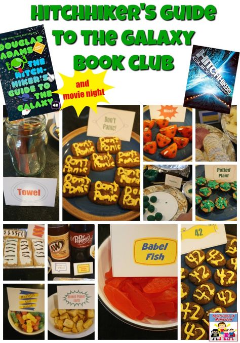 Hitchhiker's Guide to the Galaxy book club and movie night #bookclub #movienight #Don'tpanic Hitchhiker's Guide To The Galaxy Party, Hitchhikers Guide To The Galaxy Birthday, Hitchhikers Guide To The Galaxy Party, Galaxy Desserts, Book Club Snacks, Food Combos, Reading Suggestions, Hitchhiker's Guide To The Galaxy, Galaxy Party