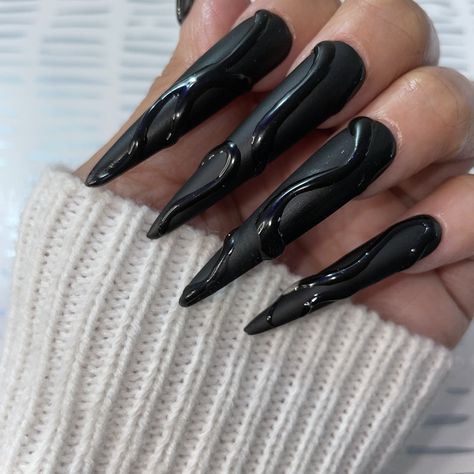 "Black Matte 3D abstract press on nail set.This set is full coverage nails and the design is made with builder gel. I will be adding other colors in this style as well!! Favorite My shop to keep updated and receive notifications for when new styles are listed Pictured is 5XL stiletto style nails in size xs Please note depending on length this design may look a little different!  If you choose \"CUSTOM\" for nail sizes please message me your nail sizes or leave in notes on checkout!  All nails co Nails Black Metallic, Black Nails 3d Design, Black Nails Matte Design, X Long Nails, Dramatic Black Nails, Textured Black Nails, Black Texture Nails, Black On Black Nail Designs, Nail Matte Designs