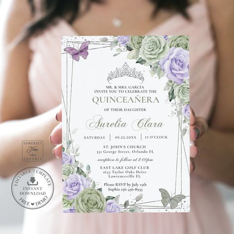 Sage Green And Purple Quince, Sage Green And Lavender Sweet 16, Sage Green And Purple, Pastel Sage Green, Quinceañera Invitation, Silver Butterflies, Quinceanera Invitation, Invitation Diy, Australia Photos