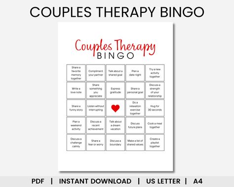 Couples Therapy Bingo, Couple Bingo, Mental Health Bingo, Printable Bingo, Date Night Game, Marriage Counseling, Couple Games, Therapy Tools Couple Bingo, Couples Counseling Activities, Therapy Questions, Date Night Games, Peony Design, Notes Digital, Marriage Therapy, Kindness Activities, Therapy Gift