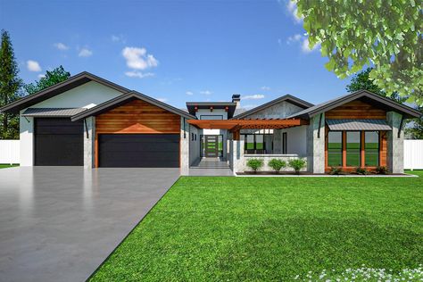 Home With Front Courtyard, Modern Open Plan House Design, Courtyard Design Front Of House, House Plans Large Windows, Modern Floor Plans 4 Bedroom, Modern Prairie House Plans, Modern House With Courtyard, Modern Ranch House Plans, One Level House Plans