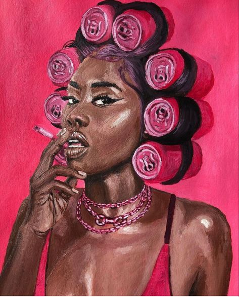 Loc Aesthetic Art, Pink Black Art Aesthetic, Afro Comb Art, Black Women With Locs Art, Dreadlock Art Drawing Black Women, Pink Paintings, Black Woman With Locs Artwork, Trill Art, Small Canvas Paintings