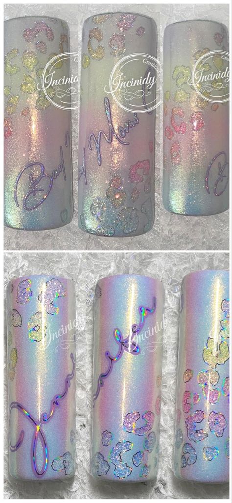 Holographic Tumbler Ideas, Spring Tumbler Ideas, Peekaboo Tumbler Ideas, Spring Tumblers, Pastel Tumbler Cups, Dream Catcher Tumbler Ideas, Rainbow Epoxy Tumbler, Opal Tumbler, Holographic Leopard Tumbler