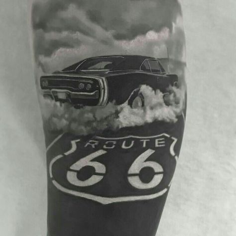 Car Sleeve Tattoo, Car Tattoo Sleeve, Mustang Tattoo Ideas, Old School Car Tattoo, Camaro Tattoo, Route 66 Tattoo, Mustang Tattoo, Hot Rod Tattoo