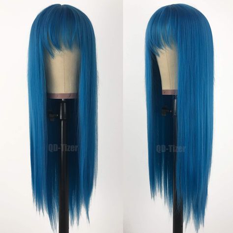 Greenish Blue Hair, No Lace Wigs, Straight Wig With Bangs, Bang Wig, Natural Hair Wigs, Straight Wigs, Blue Wig, Halloween Wigs, Red Wigs