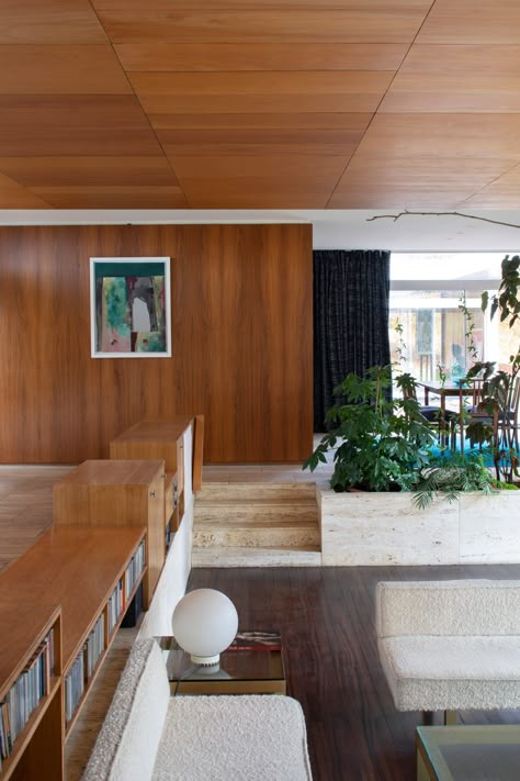 Loader Monteith restores Peter Womersley's High Sunderland house Wood Panel Interior, Modern Tropical Architecture, Denmark House, Sunken Lounge, Midcentury Living, Villa Savoye, Wood Panelling, Modernist House, Mcm House