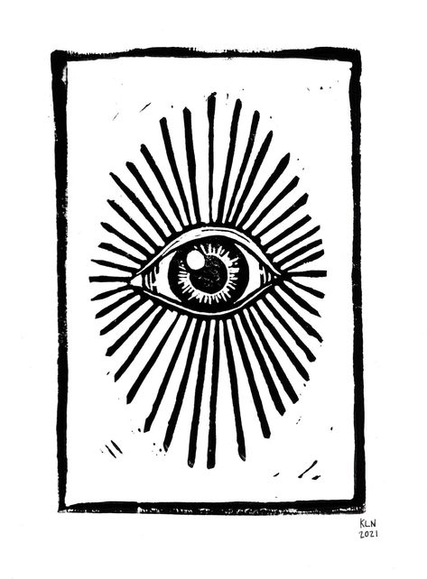 "Linocut print of an eye in black ink. Print is 7\"W x 9\"H on white vellum surface paper." Eye Lino Print, Eye Block Print, Linocut Flowers Simple, Lino Print Simple, Eye Linocut, Lino Print Ideas Simple, Linocut Prints Ideas Simple, Linocut Prints Simple, Linocut Art Simple