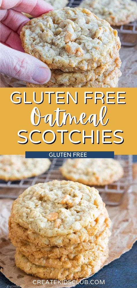 Gluten-free oatmeal scotchies will quickly become a family favorite! Made with certified gluten-free oats, coconut oil, and butterscotch chips (yes, there is a gluten-free option!) these bake into soft and delicious oatmeal cookies. Wondering what exactly is an oatmeal scotchie? It is a classic oatmeal cookie with the addition of butterscotch chips. With our recipe, we easily transform these cookies into the best chewy gluten-free treat! Oatmeal Scotchies, Easy Homemade Snacks, Amazing Cookie Recipes, Delicious Oatmeal, Oatmeal Coconut Cookies, Coconut Cookies Recipes, Best Gluten Free Desserts, Butterscotch Cookies, Easy Gluten Free Desserts