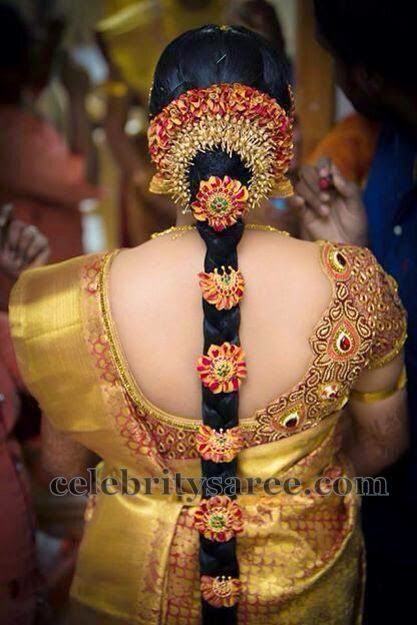 Bride in Mango Work Rich Blouse New Bridal Hairstyle, South Indian Wedding Hairstyles, Poola Jada, Hairstyles For Indian Wedding, Bridal Hair Decorations, Bridal Hairstyle Indian Wedding, Bridal Hairdo, Saree Bollywood, Wedding Saree Blouse Designs