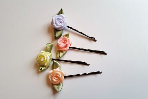 Rose bud satin ribbon flower bobby pin hair clips Diy Hair Clips, Satin Ribbon Flower, Bobby Pin Hair, Satin Ribbon Flowers, Bobby Pin Hairstyles, Hair Clips Diy, Pin Hair, Ribbon Flower, Rose Bud