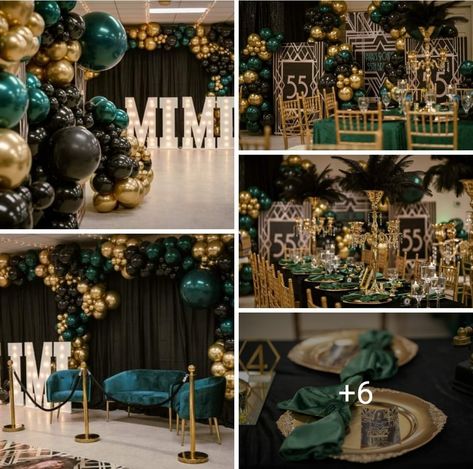 Emerald Black And Gold Party, Blue And Green Table Decor, Forest Green Birthday Decor, Green And Gold Birthday Party Decor, 60th Birthday Ideas For Mom, Emerald Wedding Colors, Gold Theme Party, Green Wedding Decorations, Moms 50th Birthday