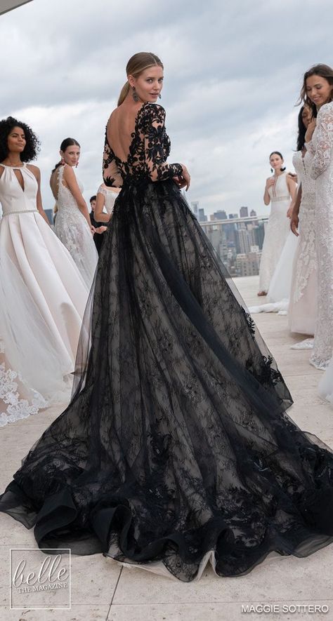 Maggie Sottero Wedding Dresses 2019- New York Bridal Fashion Week | Black lace ball gown wedding dress long sleeves open back illsion bodice  #weddingdress #weddingdresses #bridalgown #bridal #bridalgowns #weddinggown #bridetobe #weddings #bride #wedding Emo Wedding, Black Lace Ball Gown, Black Weddings, Black Wedding Gowns, Wedding Dresses Lace Ballgown, Black Ball Gown, Rock Dresses, Maggie Sottero Wedding Dresses, Lace Ball Gowns