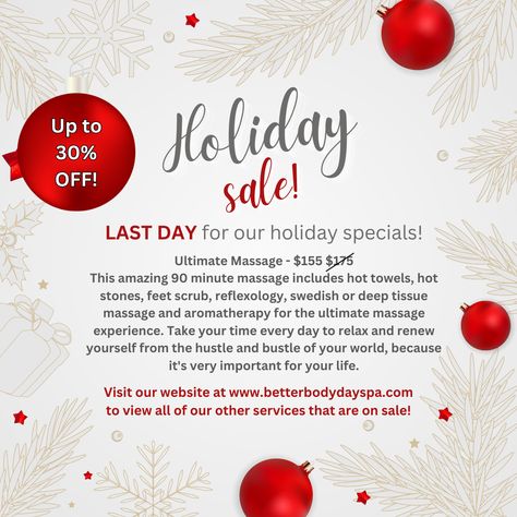 Our holiday special sale is ending today, so make sure you take advantage of it before it's too late. Our wide selection of treatments ensures that you'll find something for everyone on your list! Book by giving us a call at 954-909-9065! Spa Specials, Better Body, Body Spa, A Call, Esthetician, Holiday Specials, Too Late, For Everyone, Massage