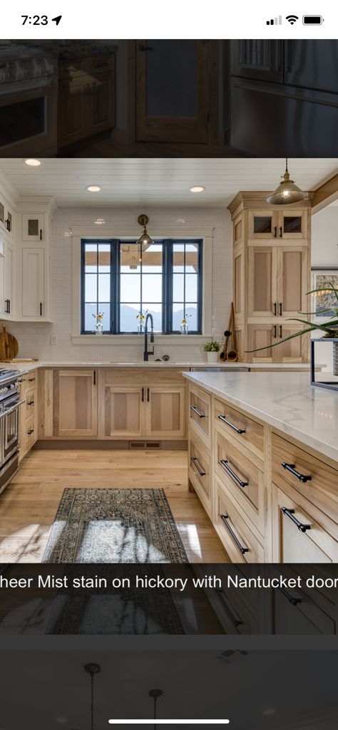 White Washed Hickory Cabinets, Stained Cabinets With White Island, Farmhouse Kitchen With Hickory Cabinets, Wooden Kitchen Cabinets Farmhouse Style, 4122wm Kitchen, Old Farmhouse Remodel Kitchen, Light Hickory Kitchen Cabinets, Weathered Wood Kitchen Cabinets, Hickory Farmhouse Kitchen