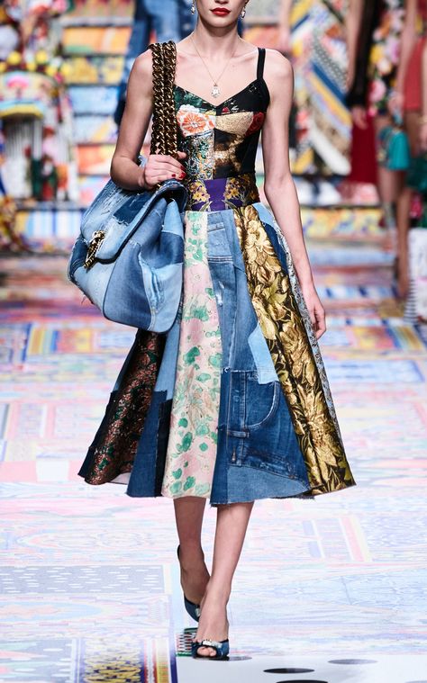 Skirt Runway, Dolce And Gabbana Fashion, Patchwork Denim, Denim Patchwork, Layered Skirt, Bustier Top, Full Skirt, Moda Operandi, Denim Fashion