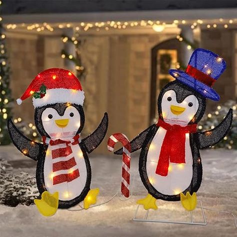 WATERGLIDE Set of 2 Lighted Christmas Tinsel Penguins, Pre-Lit 2D Stacked Penguin with Incandescent Lights, Light Up & Plug in for Indoor Outdoor Festive Xmas Holiday Garden Yard Lawn Decor Outdoor Christmas Presents, Christmas Garden Decorations, Penguin Decor, Outside Christmas Decorations, Christmas World, Christmas Tinsel, Penguin Christmas, Light Up The Night, Led Christmas Lights