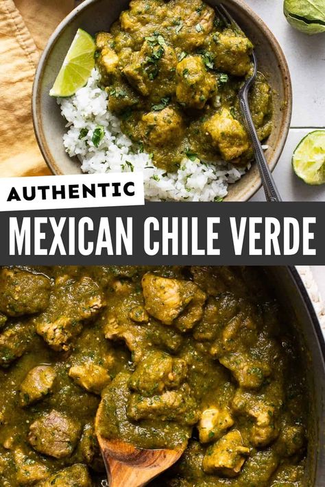 Chile verde made from tender pieces of pork simmered in a flavorful tomatillo and green chile sauce. Serve over rice for an authentic Mexican dish! Chili Verde Pork Authentic Crockpot, Green Salsa Verde Recipes, Crockpot Chile Verde, Mexican Pork Chili, Pork Chili Verde Recipe, Slow Cooker Chile Verde, Pork Verde, Green Chile Pork, Chili Verde Recipe