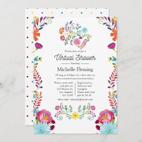 $2.92 | Mexican Floral Fiesta Virtual Baby Shower Invitation #cincodemayo #mexican #fiesta #mexico #floral #babyshower #virtualshower #acrossthemiles #virtualbabyshower #video Fiesta Wedding Invitations, Mexican Fiesta Wedding, 16 Invitations, Virtual Baby Shower Invitation, Fiesta Bridal Shower, White Invitation, Fiesta Wedding, Boda Mexicana, Virtual Baby Shower