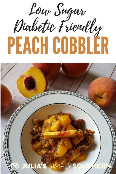 Healthier Southern Style Peach Cobbler made with fresh tree ripened peaches and coconut sugar. This healthier option is diabetic friendly too #SouthernFood #Peaches #DiabeticFriendly Low Sugar Peach Cobbler Recipe, Low Sugar Peach Desserts, Sugar Free Peach Cobbler Easy, Southern Style Peach Cobbler, Cobbler With Fresh Peaches, Peach Cobbler With Fresh Peaches, Sugar Free Peach Cobbler, Fresh Peach Cobbler, Easy Peach Cobbler