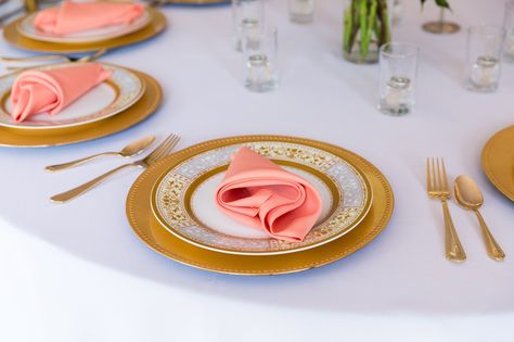 coral and gold-- peach napkin, coral napkin, peach and gold reception table, coral and gold reception table, coral and gold wedding colors Coral And Gold Wedding, Gold Reception, Peach And Gold, Gold Wedding Colors, Coral And Gold, The Coral, Reception Table, Anniversary Party, Anniversary Parties