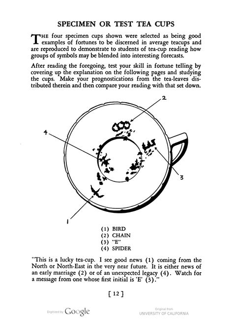 Test tea cups showing examples of how to read tea leaves to reveal one's fortune. Your Future in the Tea Cup, published by the Lipton's Tea company "as a means of amusement and entertainment." Tea Leaf Reading, Reading Tea Leaves, Leaf Symbol, Reading Guide, Tea Reading, Eclectic Witch, Wiccan Spell Book, Symbols And Meanings, Book Catalogue