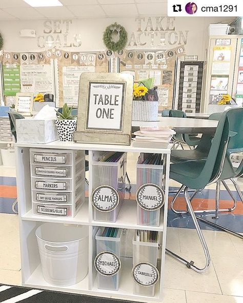 Classroom Set Up With Tables, Table Organization Classroom, Table Supplies Classroom, Classroom Table Storage, Classroom Table Organization, School Aesthetic Classroom, Beautiful Organization, Aesthetic Classroom, Storage Holders