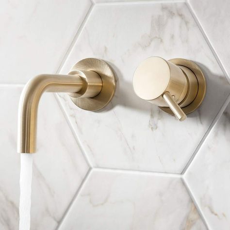 Small Kitchen Sink, Bathroom Basin Taps, Minimal Bathroom, Wall Mounted Taps, Wall Taps, Brass Tap, Shower Fittings, Wall Mounted Basins, Brass Bathroom