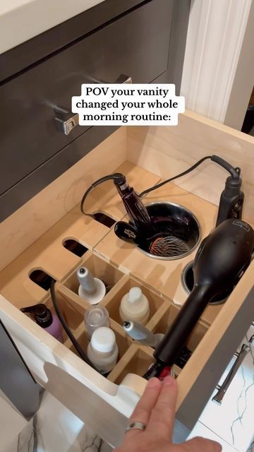 Docking Drawer™ on Instagram: "Add power and purpose to your vanity drawers 🔌 ⚡️ Create a powered styling drawer or pull out organizer to safely power and stow hair dryers, hot tools, electric toothbrushes, shavers and more. @Ripley67 has the right idea! #vanity #bathroom #vanitydrawer #bathroomdrawer #bathroomremodel #vanityremodel" Bathroom Vanity Organization Ideas, Pull Out Organizer, Docking Drawer, Tool Drawer Organizer, Bathroom Vanity Organization, Family Room Remodel, Millwork Details, Tool Drawers, Bathroom Drawers