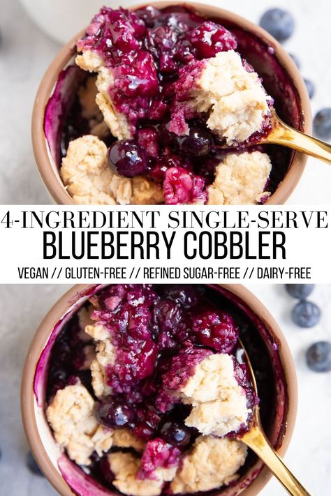 Easy Single-Serve Blueberry Cobbler made gluten-free, vegan, refined sugar-free, and dairy-free. This simple single-serve treat is blasted with fresh blueberry flavor with an incredible buttery crumble topping. #cobbler #blueberry #blueberries #dessert #vegan #glutenfree #healthy #vegandrecipes Sugar Free Blueberry Cobbler, Simple Dairy Free Dessert, Healthy Berry Dessert, Df Gf Desserts, Gluten Free Individual Desserts, Low Calorie Gluten Free Desserts, Anti Inflammation Desserts, Easy Dairy Free Dessert, Gluten And Dairy Free Desserts