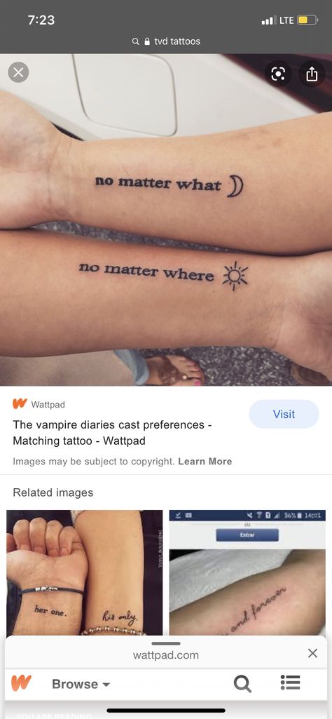 Matching Vampire Diaries Tattoos, Vampire Diaries Tattoo, Vampire Diaries Cast, Matching Tattoo, Sister Tattoos, Vampire Diaries, Tattoo Quotes, Wattpad, Tattoos