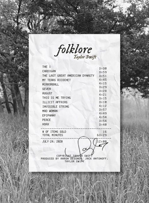 Taylor Swift Receipt Folklore Tracklist Taylor Swift, Taylor Swift Photo Strip, Folklore Receipt, Music Receipts, Album Receipts, Phone Edits, Folklore Wallpaper, Taylor Swift Tickets, Mad Women