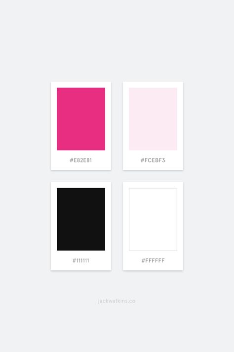 Bright, colourful and modern brand color palette, curated by Jack Watkins, a branding and website designer for visionary entrepreneurs. Ultra bright pink, fuchsia, muted blush pink, black and white.    #color #colour #colourful #colorpalette #colourpalette Black Pink Colour Palette, Black White And Pink Color Palette, Bright Pink Branding Color Palette, Bright Color Palette With Black, Modern Branding Color Palette Pink, Black White Pink Branding, Pink And Black Colour Palette, Black Pink Branding, Pink Black Branding