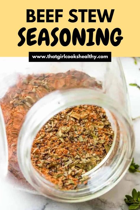 Homemade Beef Stew Seasoning close up in a glass jar. Beef Stew Mix Recipe, Beef Stew Seasoning Mix Recipe, Homemade Beef Stew Seasoning, Beef Stew Seasoning Recipe, Jamaican Beef Stew Recipe, Low Sodium Beef Stew, Beef Stew Spices, Jamaican Beef Stew, Beef Stew Seasoning Mix