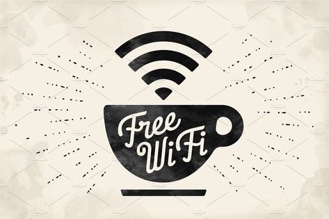 Poster with cup of coffee and text Free WiFi #street#WiFi#Sign#cafe Black Paper Background, Design With Letters, Goat Logo, Street Cafe, Cafe Sign, Wifi Sign, Card Printer, Watercolour Texture Background, Cafe Logo