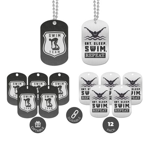 PRICES MAY VARY. Pack of 12 swimming themed dog tag necklaces for swimmers, divers, swimming coaches, swim and dive team members, family members and fans. Use these dogtag necklaces to motivate your swim team, to give away as gifts and awards to swimmers and divers, or as goodie bag items at your competitive swimming or diving themed party, championship tournament, or event. Made from aluminum metal, each dog tag pendant measures 1.2 inches wide by 2 inches high. A 20-inch long beaded chain is i Goodie Bag Items, Swimming Team, Swimming Coach, Pentathlon, Swim Mom, Swim Coach, Bag Items, Synchronized Swimming, Competitive Swimming