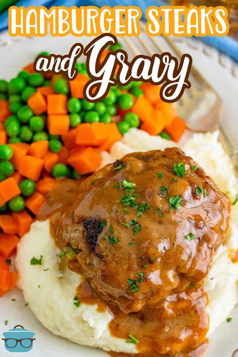 Hamburger Steaks and Gravy (+Video) - The Country Cook Hamburger Steak With Onion Gravy, Best Salisbury Steak Recipe, Ground Beef Patties, Hamburger Steak Recipes, Hamburger Steak And Gravy, Hamburger Steaks, Hamburger Dishes, Hamburger Patty, Meatball Dinner