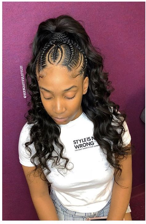 Braided Top Half Up Half Down Hair, Half Up Half Down With Braid On Top, Half Up Sew In, Half Cornrows Half Weave, Braids Half Up Half Down, Braided Half Up Half Down Hair, Braided Ponytails, Weave Hairstyles Braided, Weave Ponytail Hairstyles