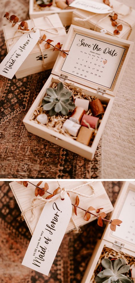 Wooden Box Bridesmaid Proposal, Bridesmaid Proposal Earthy, Cheap Bridal Party Proposals, Cheap Maid Of Honor Proposal, Boho Bridesmaid Proposal Gift Ideas, Bridesmaid Proposal Cheap Diy, Earthy Bridesmaid Proposal, Boho Maid Of Honor Proposal, Diy Bridemaids Proposals